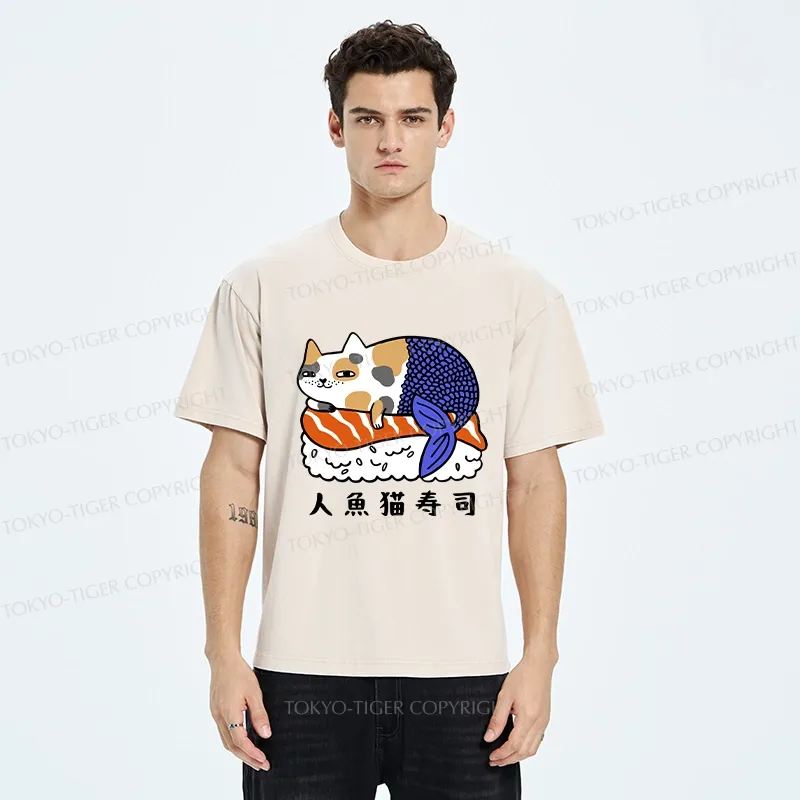 Tokyo-Tiger Mermaid Cat Sushi Washed T-Shirt