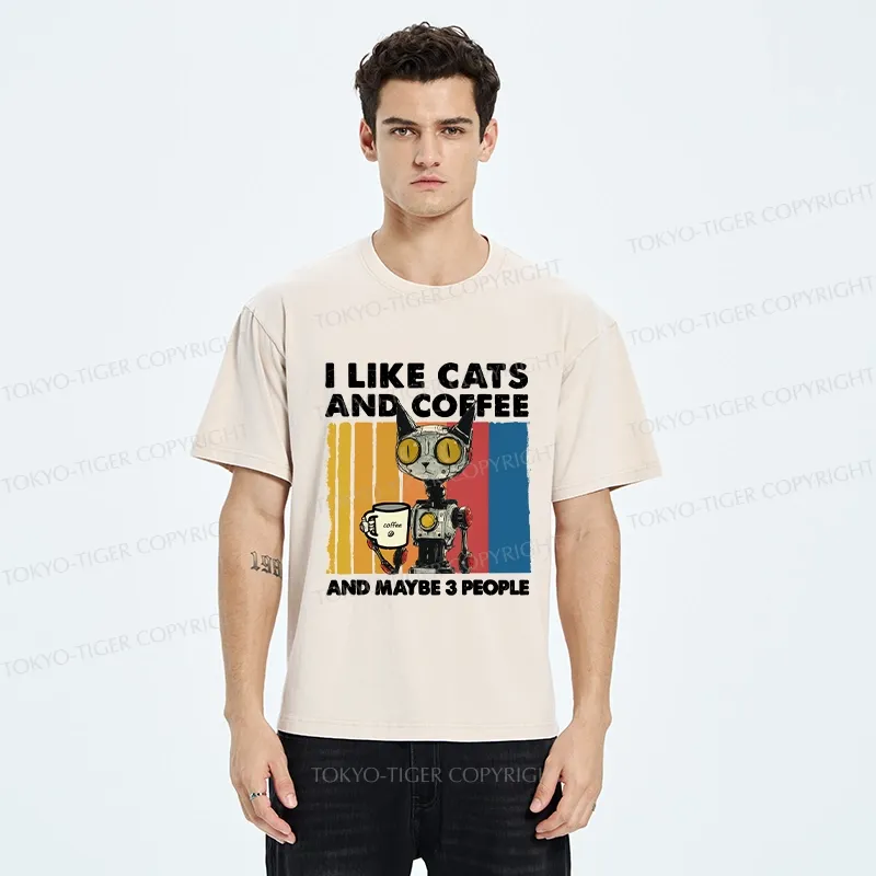 Tokyo-Tiger I Like Robot Cats And Coffee Washed T-Shirt