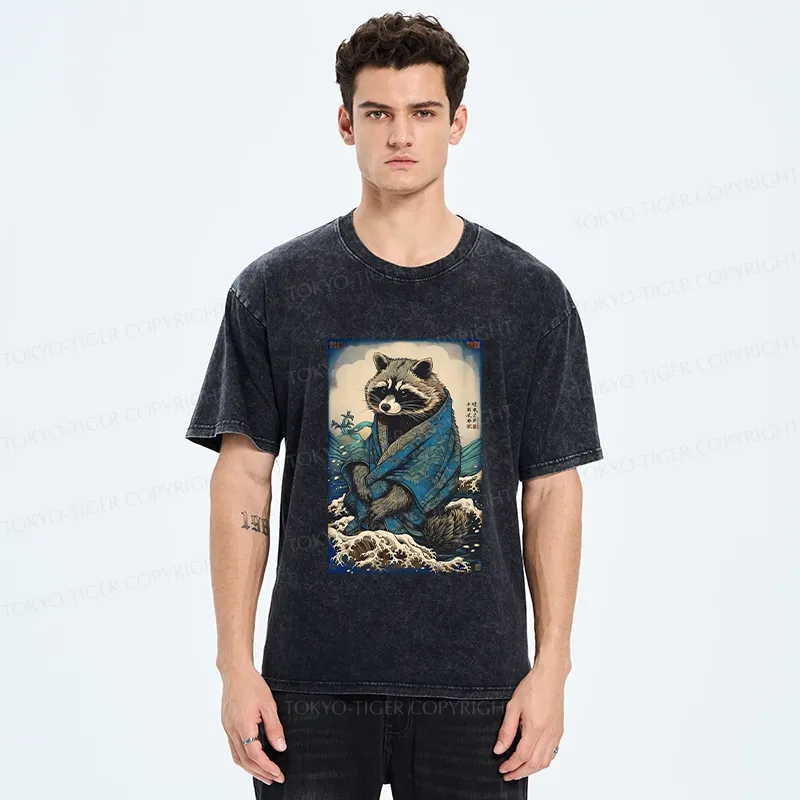 Tokyo-Tiger Raccoon And Waves Washed T-Shirt