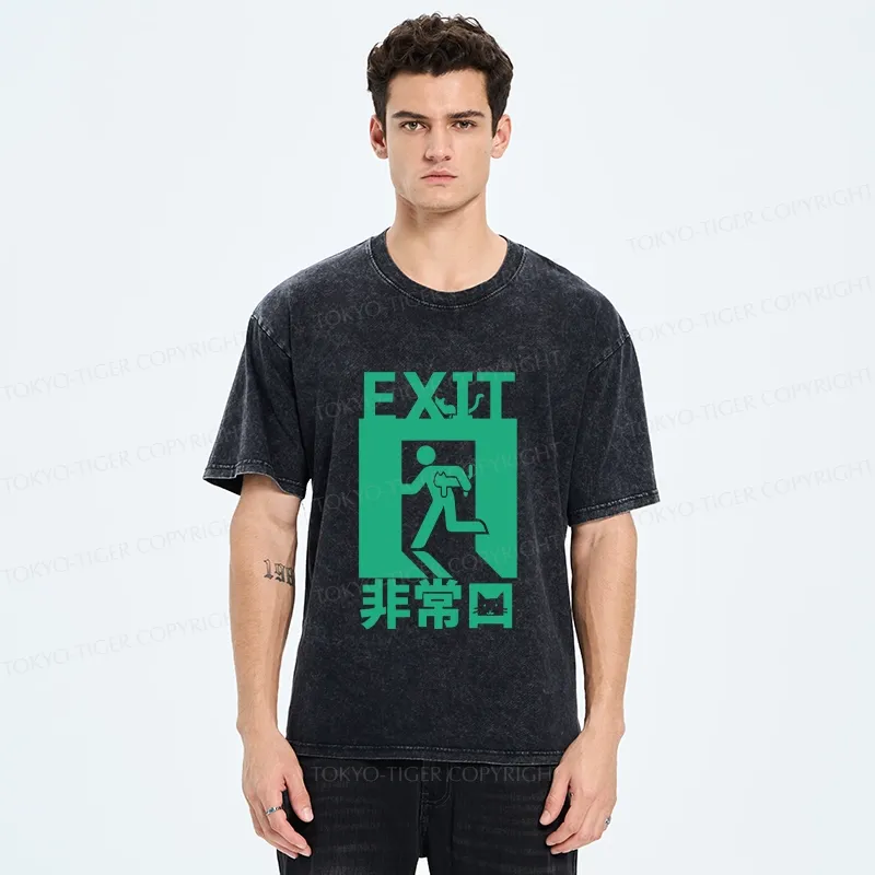 Tokyo-Tiger Funny Cat Exit Washed T-Shirt