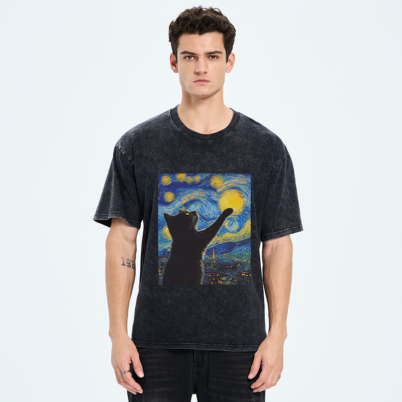 Tokyo-Tiger Black Cat Touch The Moon Washed T-Shirt