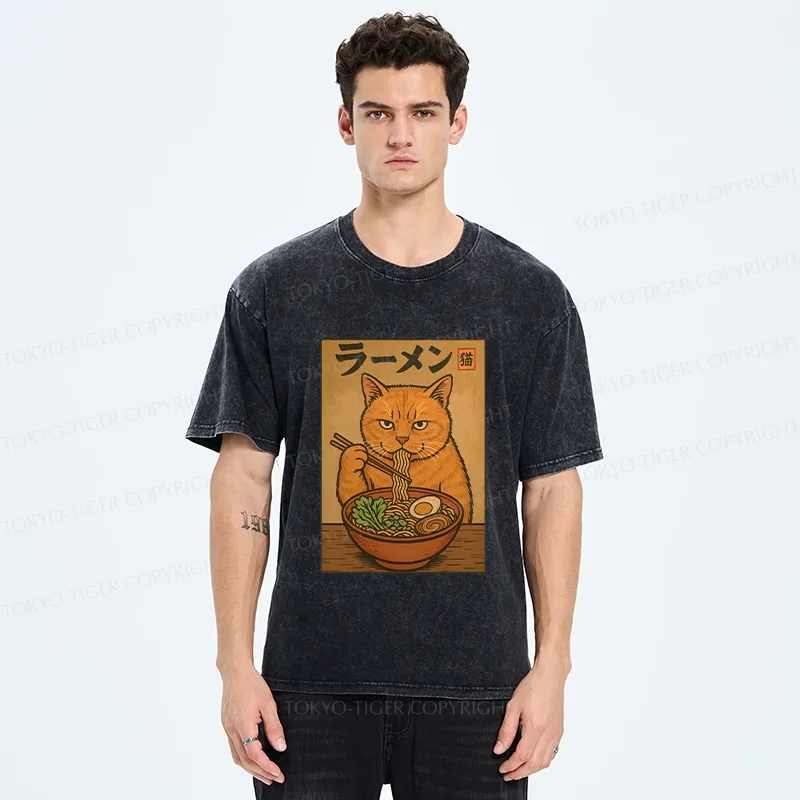 Tokyo-Tiger Ramen Obsessed Cute Cat Washed T-Shirt