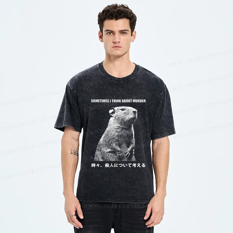 Tokyo-Tiger Funny Capybara Thinks Of Murder Washed T-Shirt