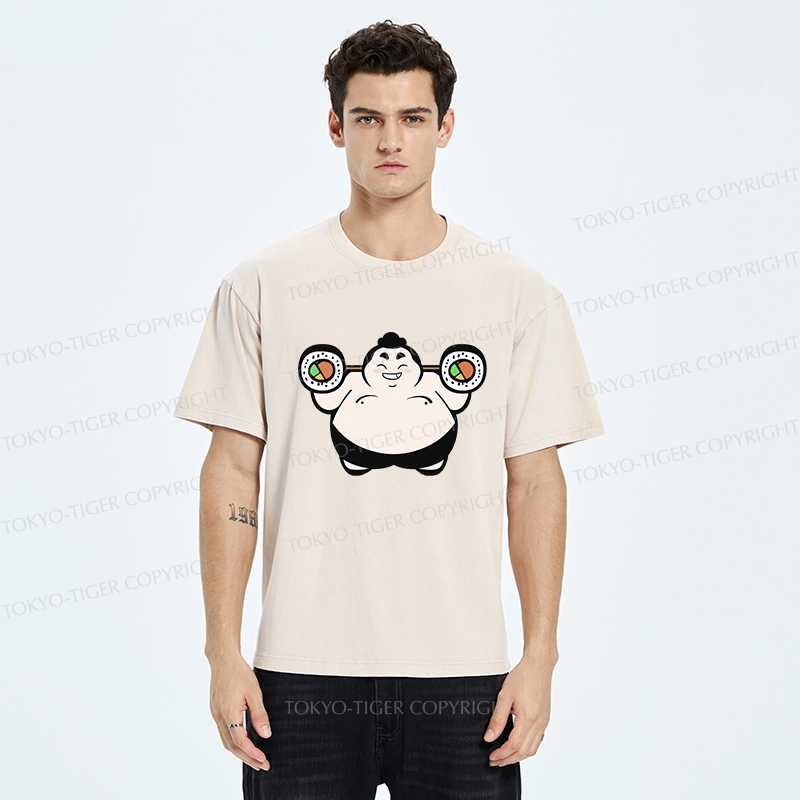 Tokyo-Tiger Funny Sumo Wrestler Lifting Sushi Barbell Washed T-Shirt