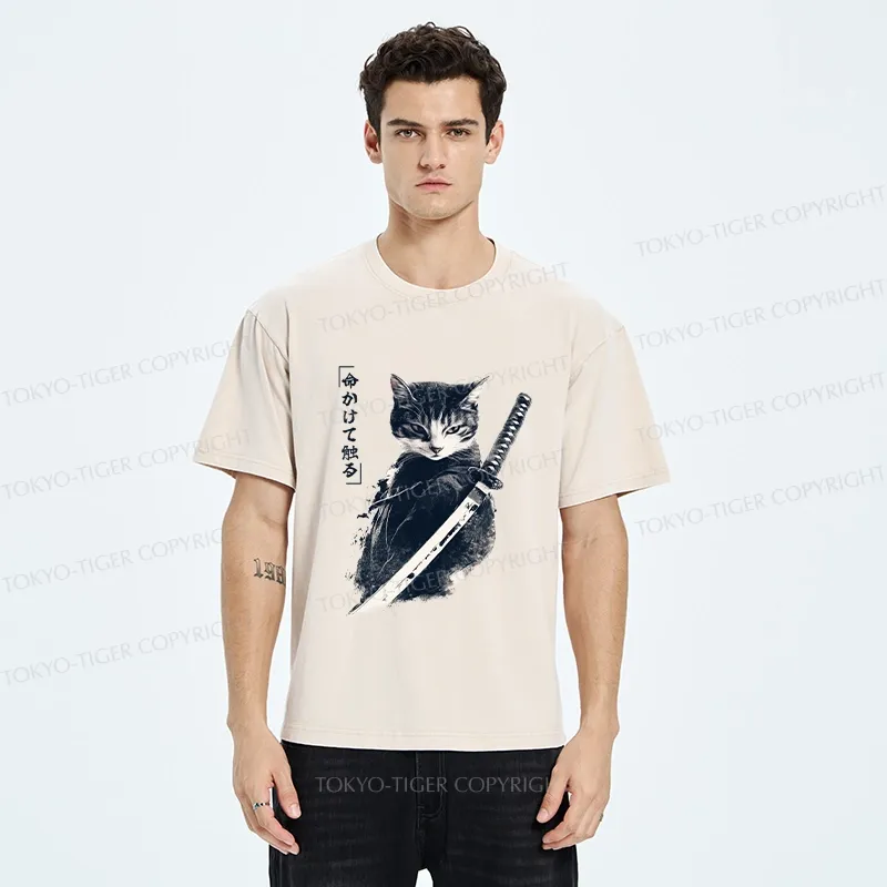 Tokyo-Tiger Retro Samurai Cat Japanese Washed T-Shirt