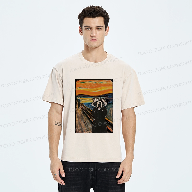 Tokyo-Tiger Funny Screaming Raccoon Washed T-Shirt