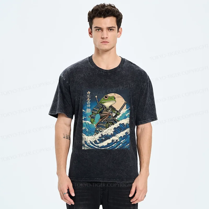 Tokyo-Tiger Frog Samurai In The Great Wave Washed T-Shirt