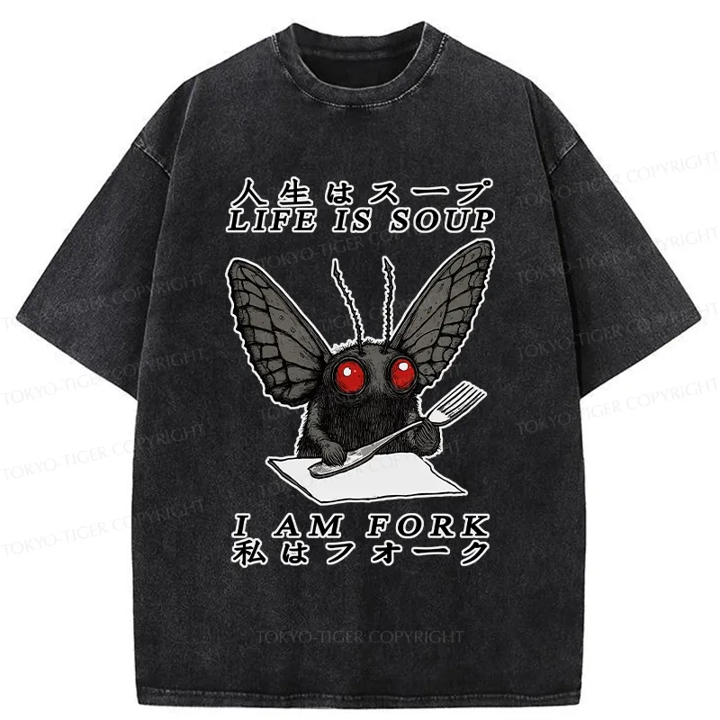 Tokyo-Tiger Life Is Soup I Am Fork Mothman Washed T-Shirt