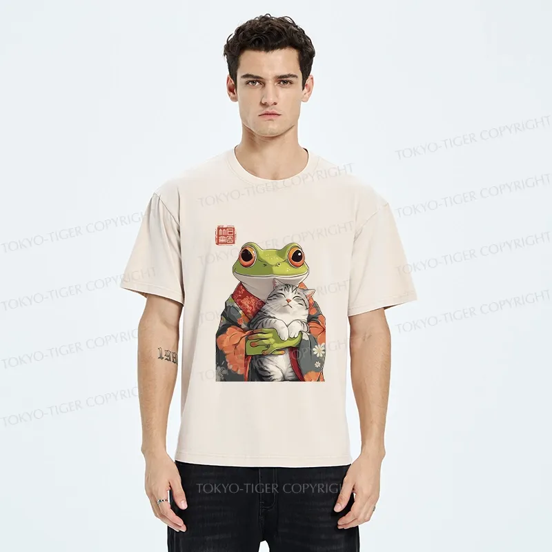 Tokyo-Tiger Frog Holding A Cute Cat Washed T-Shirt