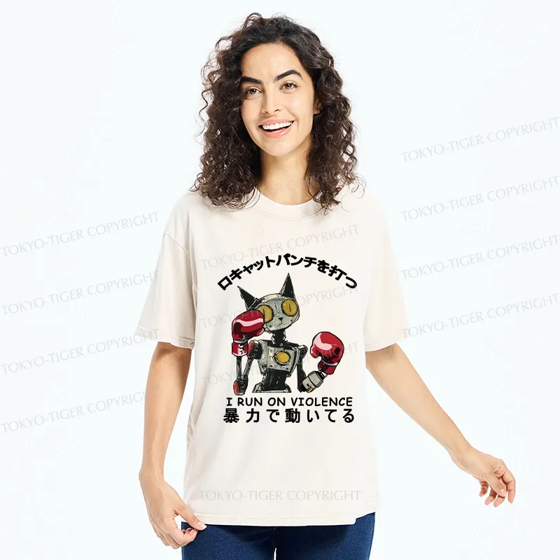 Tokyo-Tiger Boxing Robot Cat Washed T-Shirt