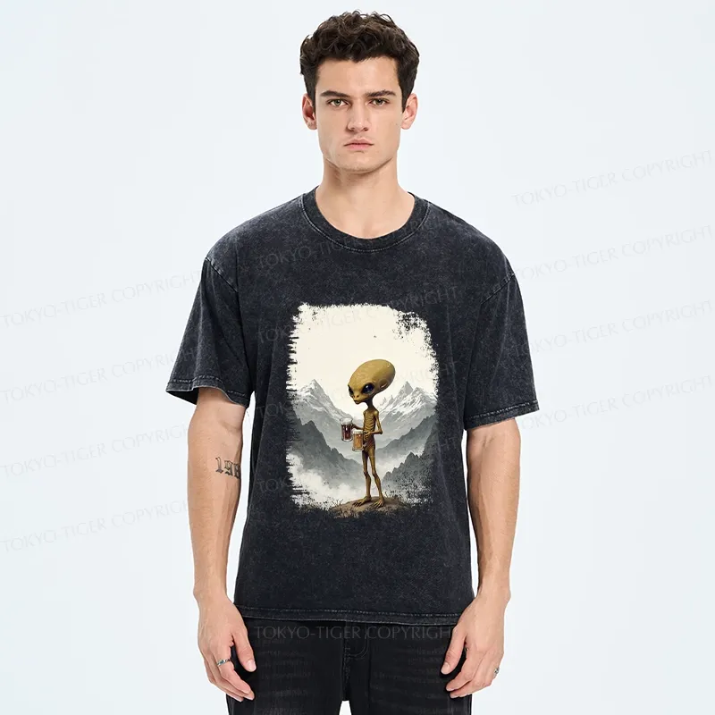 Tokyo-Tiger Alien With Beer Funny Washed T-Shirt