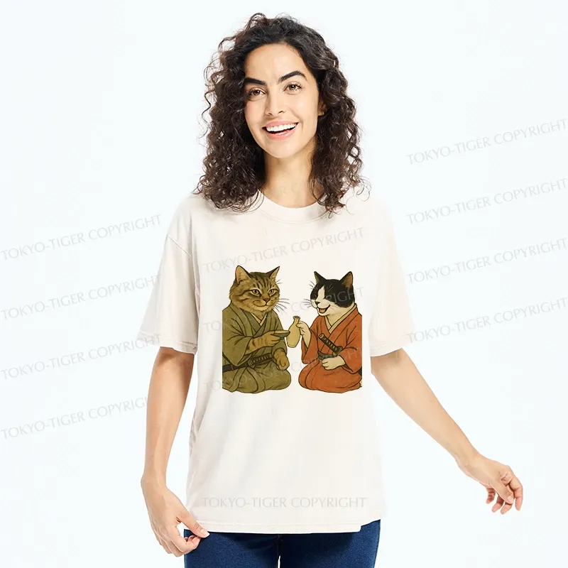 Tokyo-Tiger Cat Tasting Sake Washed T-Shirt