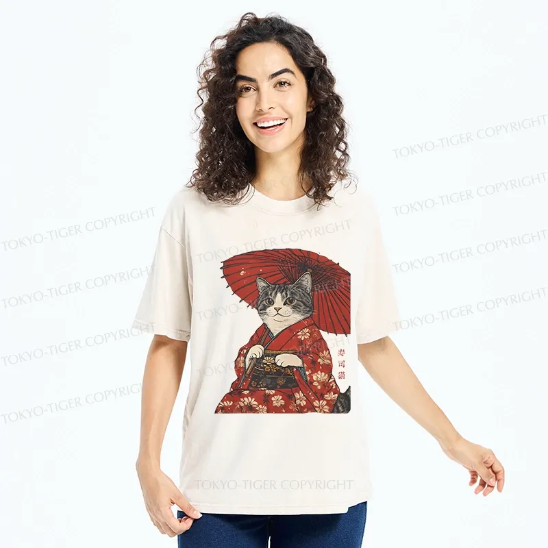 Tokyo-Tiger Japanese Cat Holding An Umbrella Washed T-Shirt
