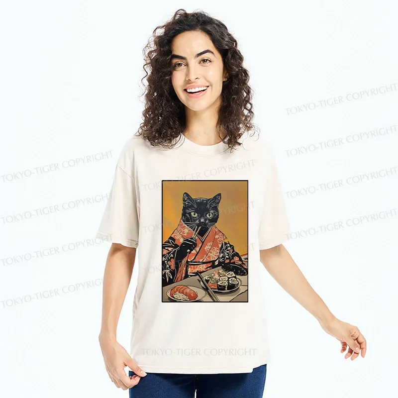 Tokyo-Tiger Sushi Lover Black Cat Washed T-Shirt