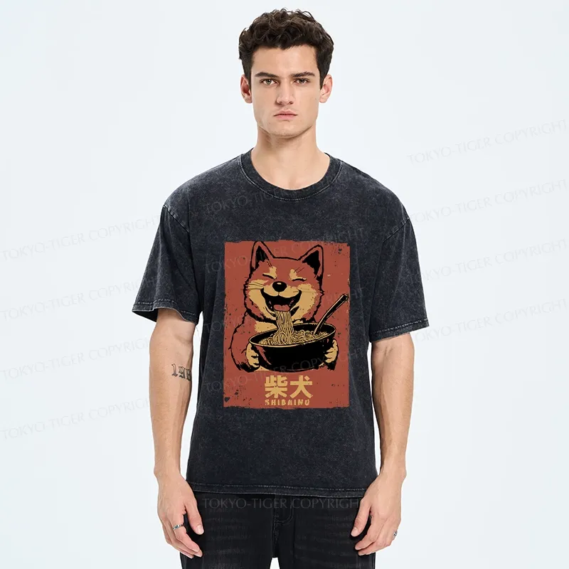 Tokyo-Tiger Ramen Lover Shiba Inu Washed T-Shirt