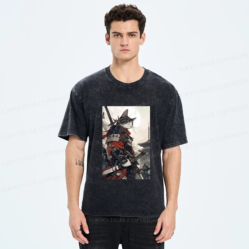 Tokyo-Tiger Majestic Samurai Cat Washed T-Shirt