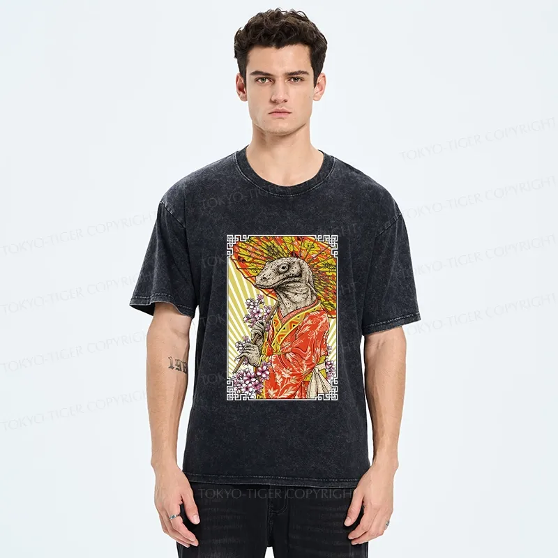 Tokyo-Tiger Elegant Lizard Holding An Umbrella Washed T-Shirt