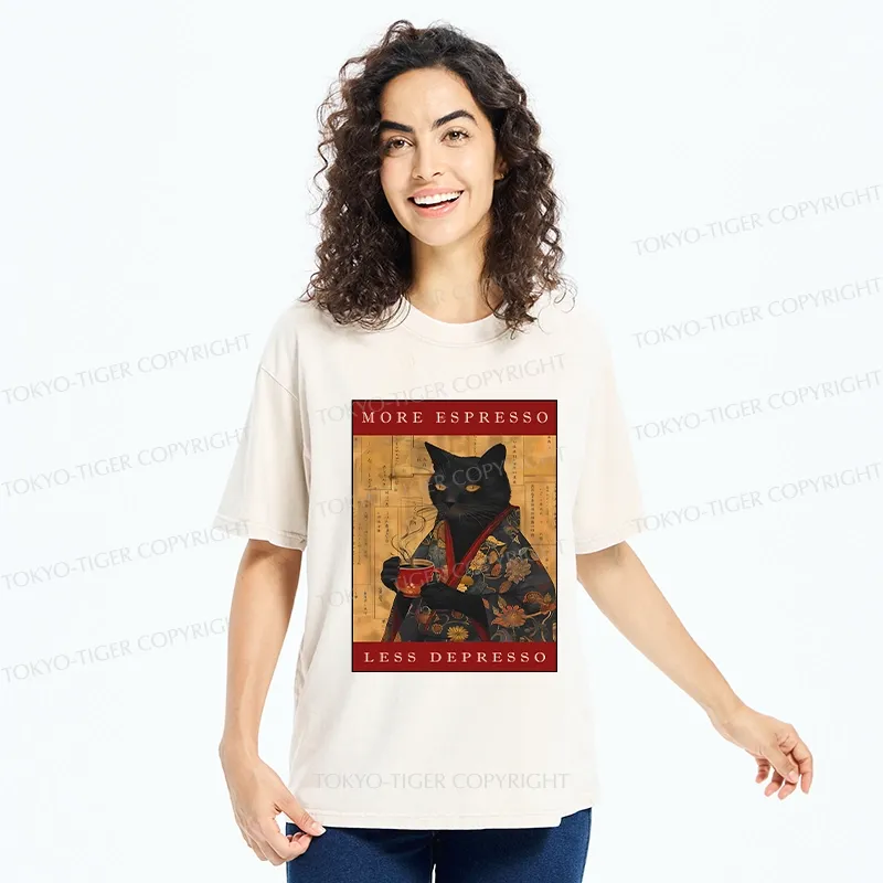 Tokyo-Tiger More Espresso Less Depresso Cat Washed T-Shirt