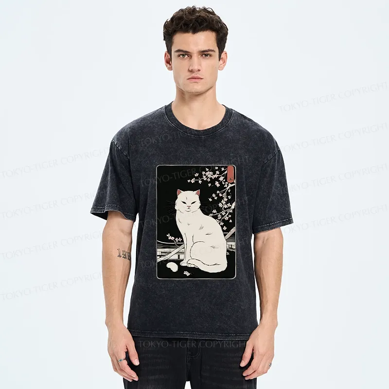 Tokyo-Tiger Cat Under The Sakura Washed T-Shirt