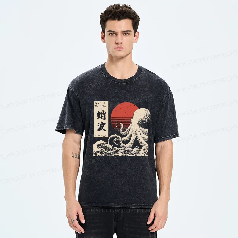 Tokyo-Tiger Retro Octopus Wave Washed T-Shirt