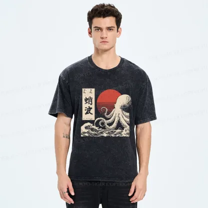 Tokyo-Tiger Retro Octopus Wave Washed T-Shirt