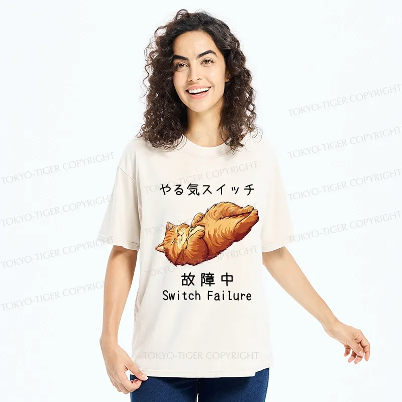 Tokyo-Tiger Funny Cat Switch Failure Washed T-Shirt