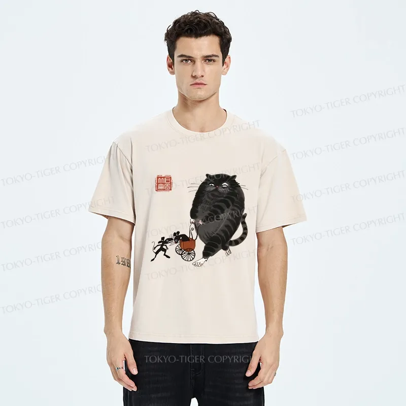 Tokyo-Tiger Funny Cat Pushing Mouse In Cart Washed T-Shirt