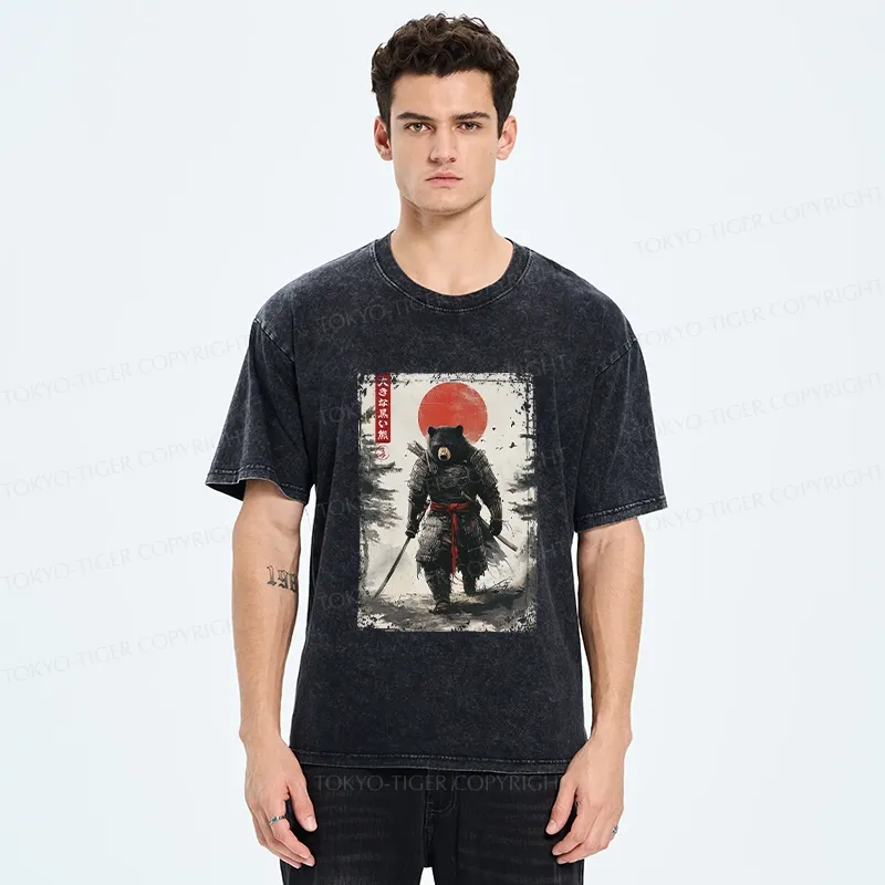 Tokyo-Tiger Retro Black Bear Samurai Washed T-Shirt