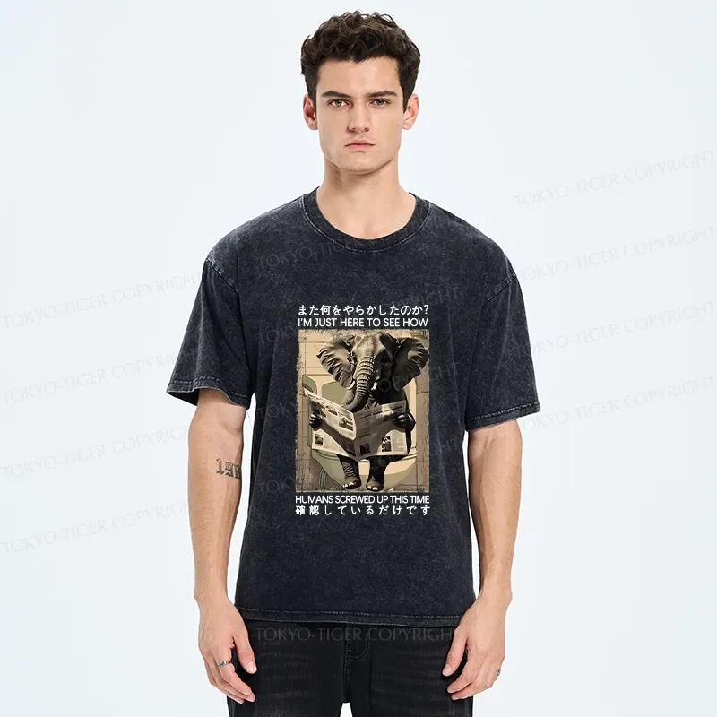 Tokyo-Tiger Funny Elephant Reading Newspaper Washed T-Shirt