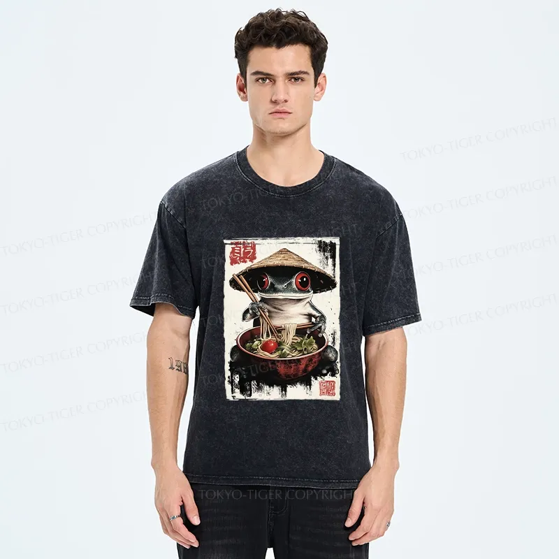 Tokyo-Tiger Retro Frog Eating Ramen Noodles Washed T-Shirt