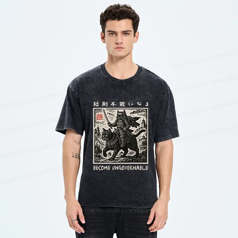 Tokyo-Tiger Funny Cat Samurai Riding A Cat Washed T-Shirt