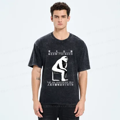 Tokyo-Tiger Funny Cat Thinker Washed T-Shirt