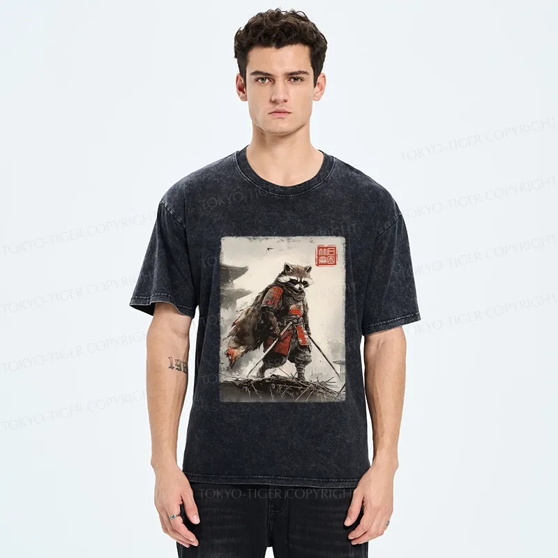 Tokyo-Tiger Retro Raccoon Samurai Washed T-Shirt