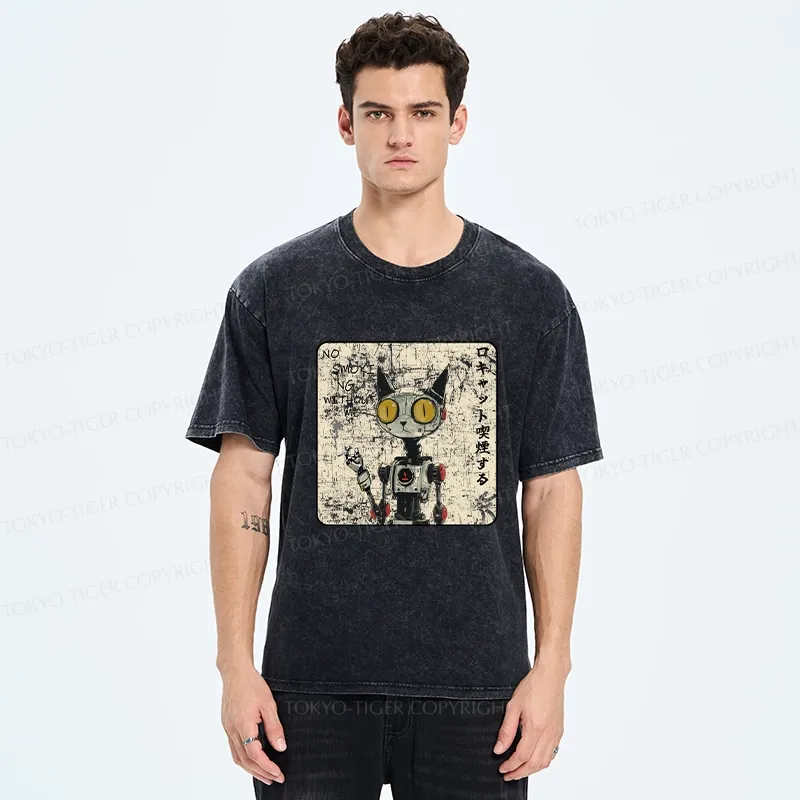 Tokyo-Tiger Smoking Robot Cat Washed T-Shirt