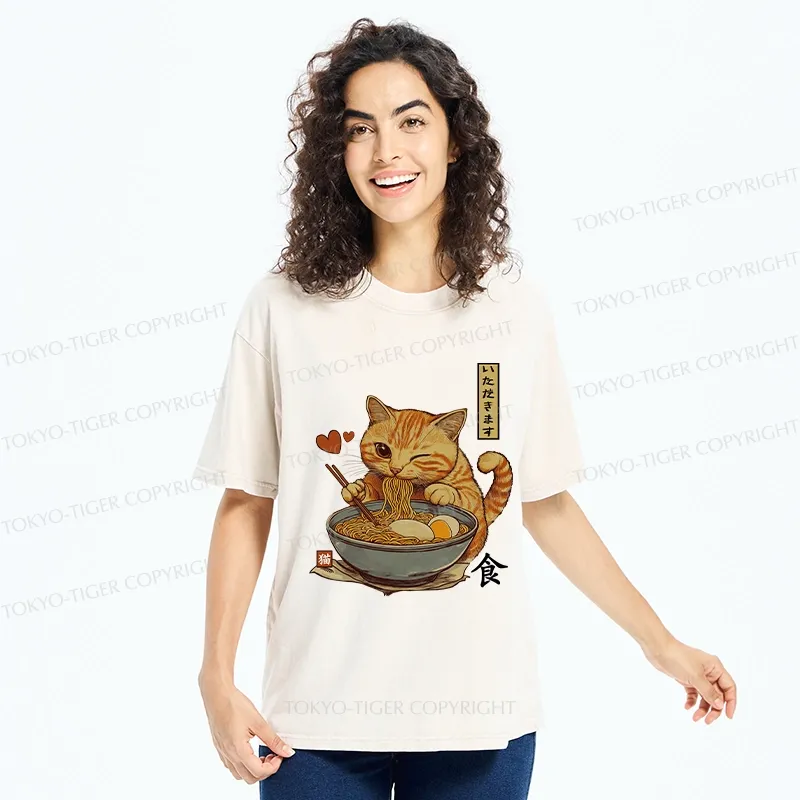 Tokyo-Tiger Cat Enjoying Eating Ramen Washed T-Shirt