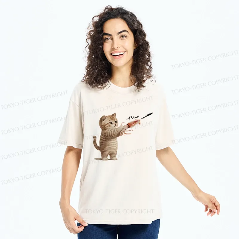 Tokyo-Tiger Funny Cat Shoots Squid Ink Washed T-Shirt