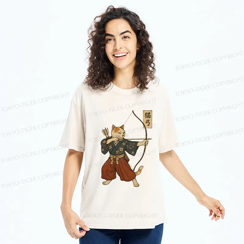 Tokyo-Tiger Japanese Cat Archery Washed T-Shirt