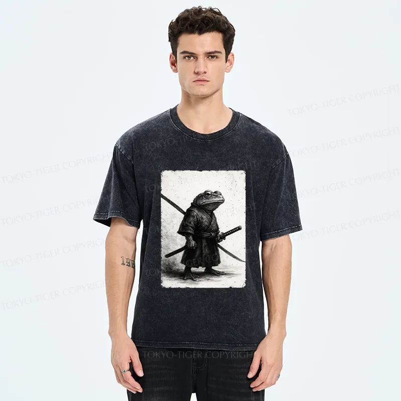 Tokyo-Tiger Retro Frog Samurai Japanese Washed T-Shirt