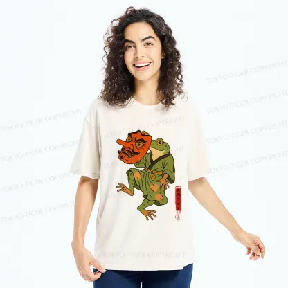 Tokyo-Tiger Frog Holding A Tengu Mask Washed T-Shirt
