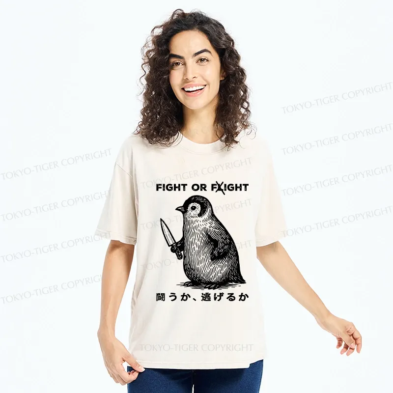 Tokyo-Tiger Funny Fight Or Flight Washed T-Shirt