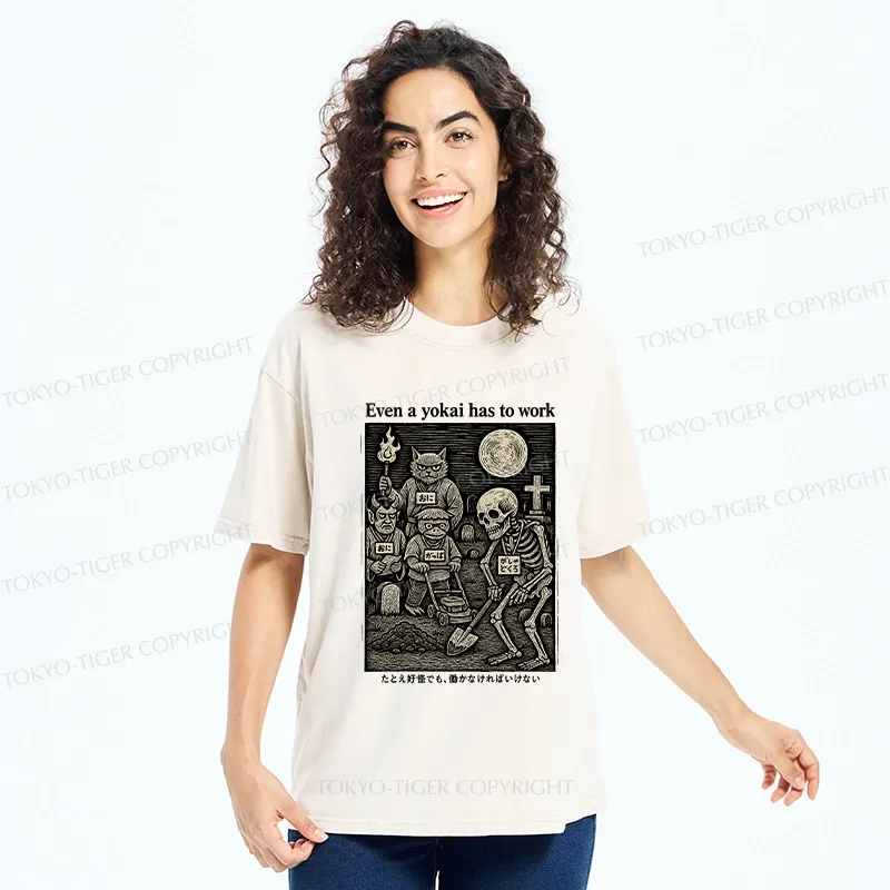 Tokyo-Tiger Even A Yokai Has To Work Washed T-Shirt