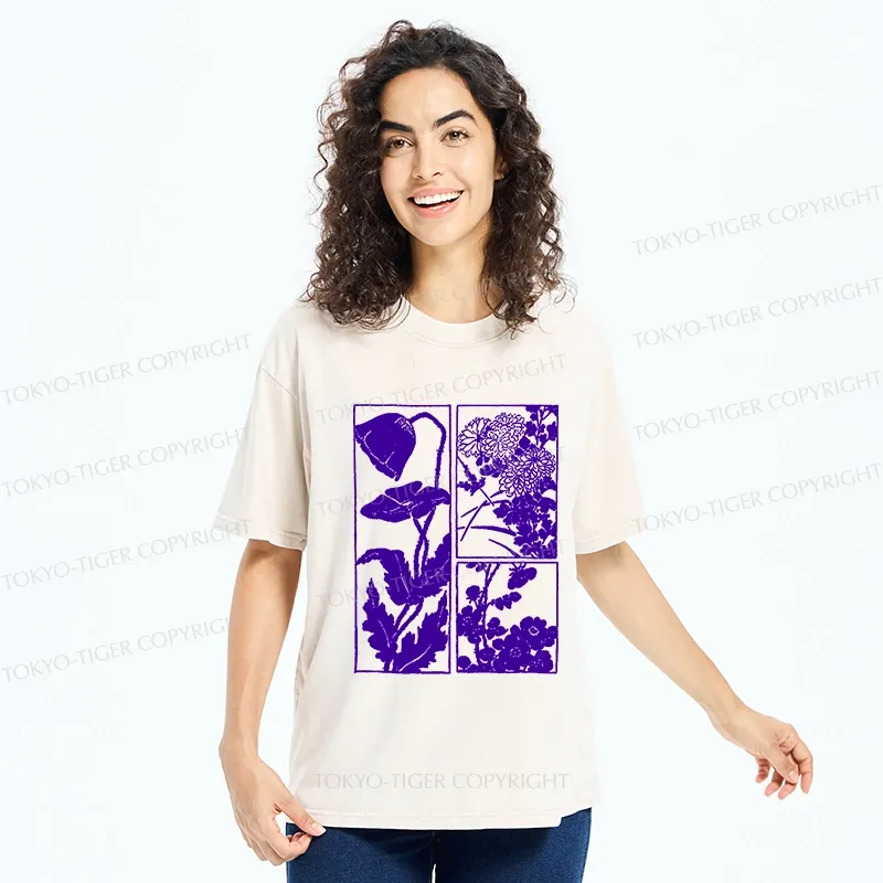 Tokyo-Tiger Woodcut Flowers Washed T-Shirt