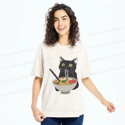Tokyo-Tiger Cat Eating Hearty Ramen Washed T-Shirt