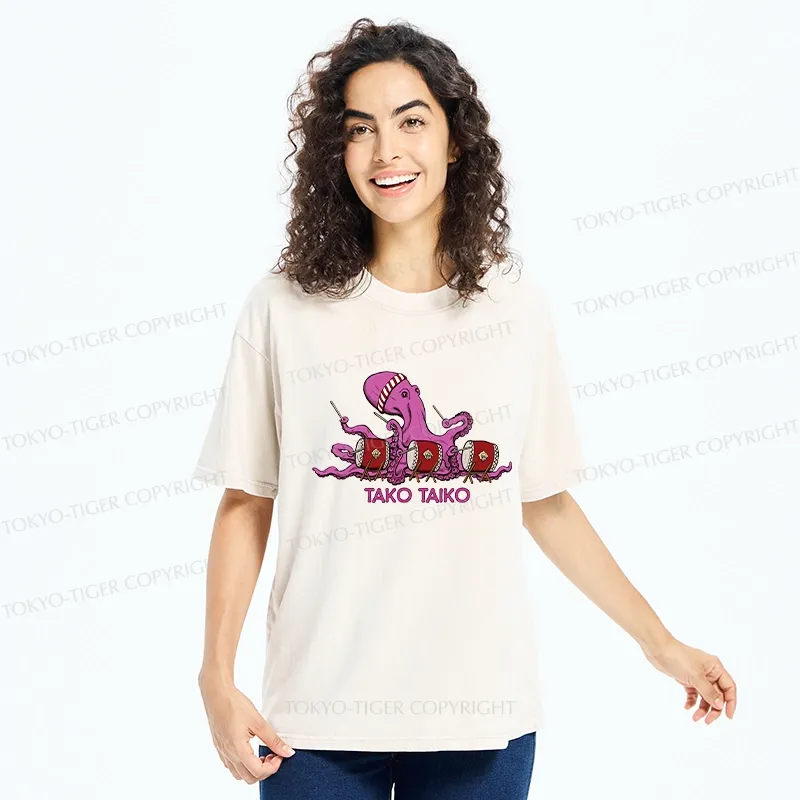 Tokyo-Tiger Funny Octopus Playing Taiko Washed T-Shirt