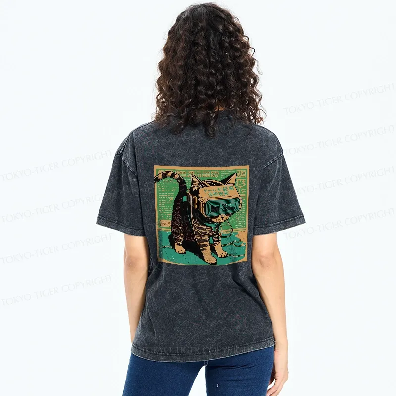 Tokyo-Tiger Cyberpunk Sci-Fi Cat Back Washed T-Shirt
