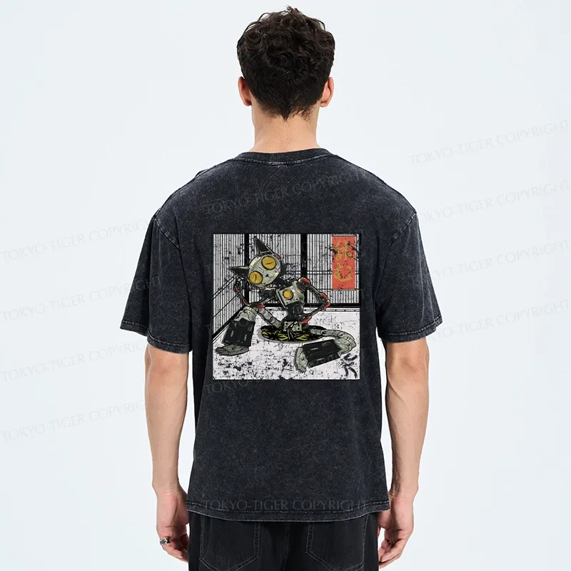 Tokyo-Tiger Robot Cat Taking A Rest Back Washed T-Shirt