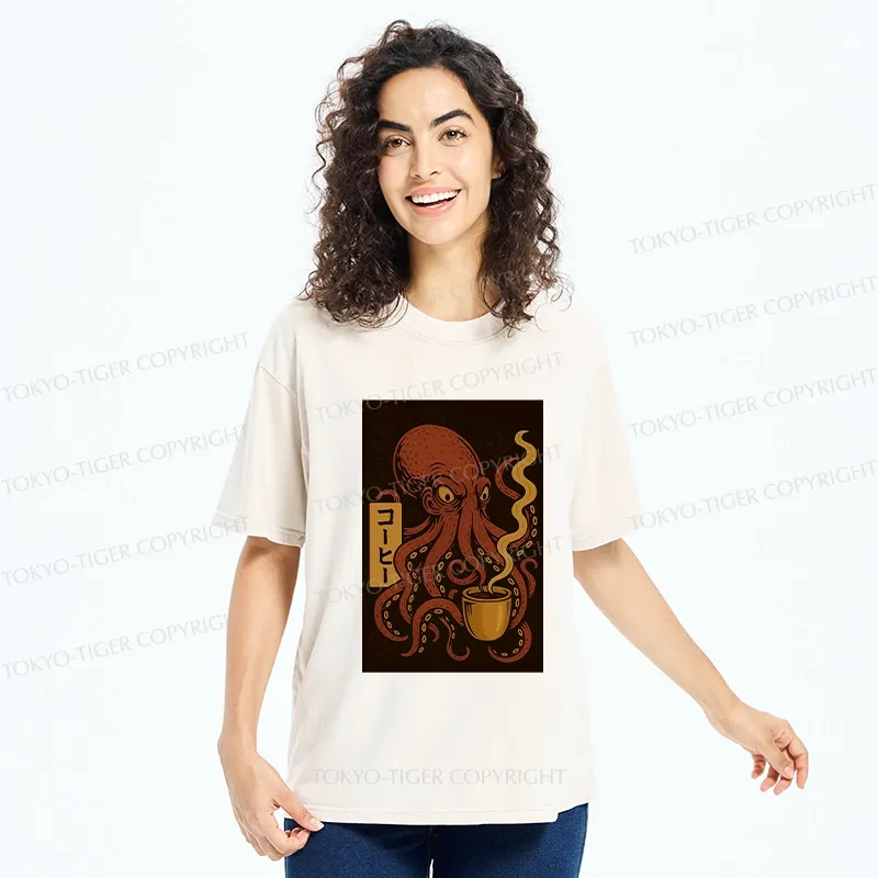 Tokyo-Tiger Octopus Drinking Coffee Washed T-Shirt
