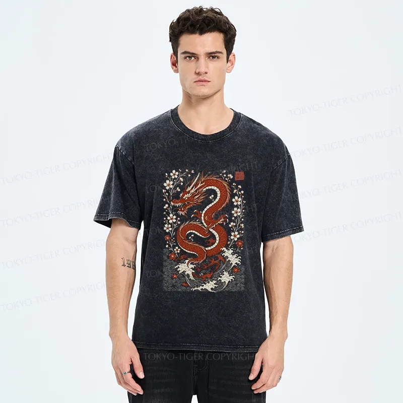 Tokyo-Tiger Retro Dragon And Sakura Washed T-Shirt