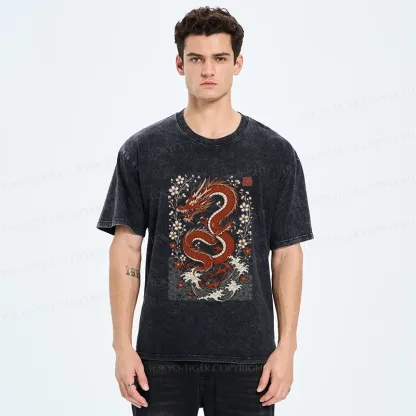 Tokyo-Tiger Retro Dragon And Sakura Washed T-Shirt