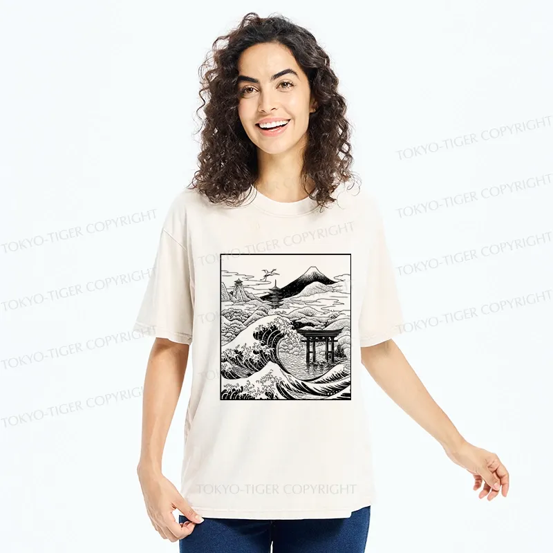 Tokyo-Tiger Retro Japanese landscape Washed T-Shirt